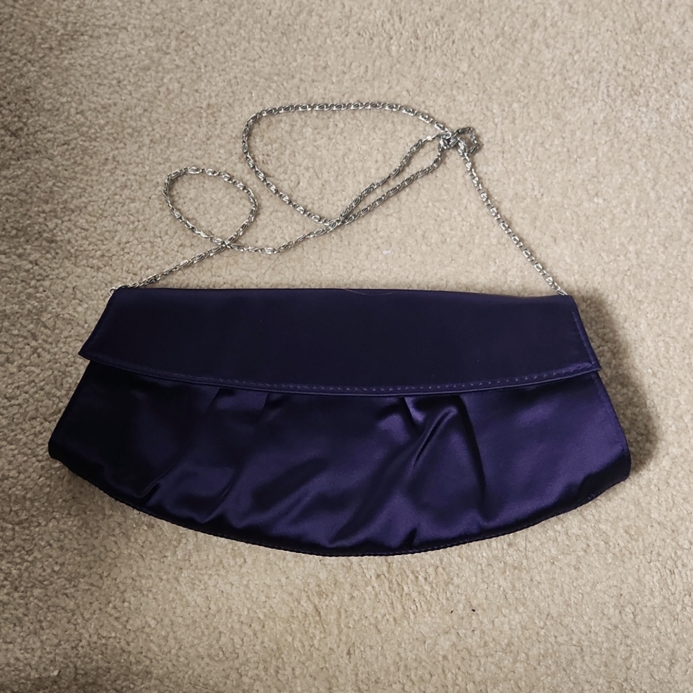 Le Chateau Satin Purple Clutch with Metal Chain Strap